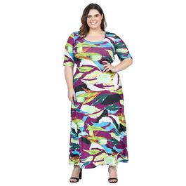Plus Size 24/7 Comfort Apparel Tropical Print A-Line Maxi Dress