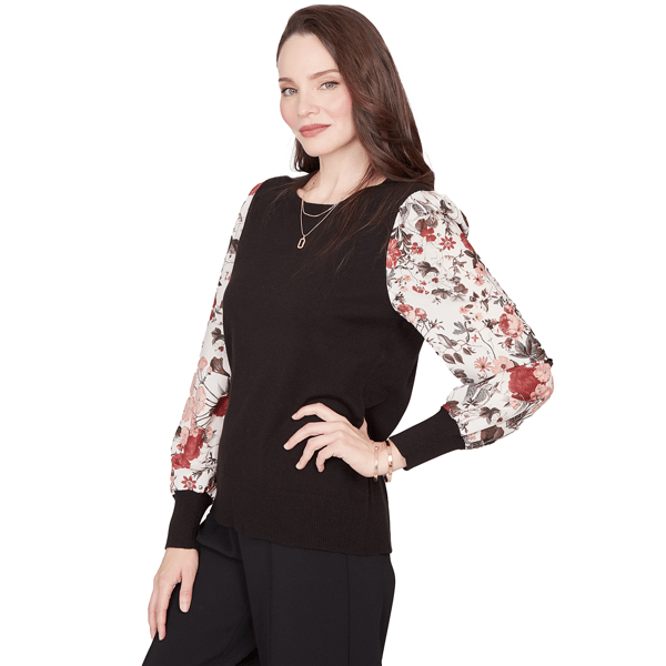 Womens Emaline Dusted Petals Floral Bishop Sleeve Sweater