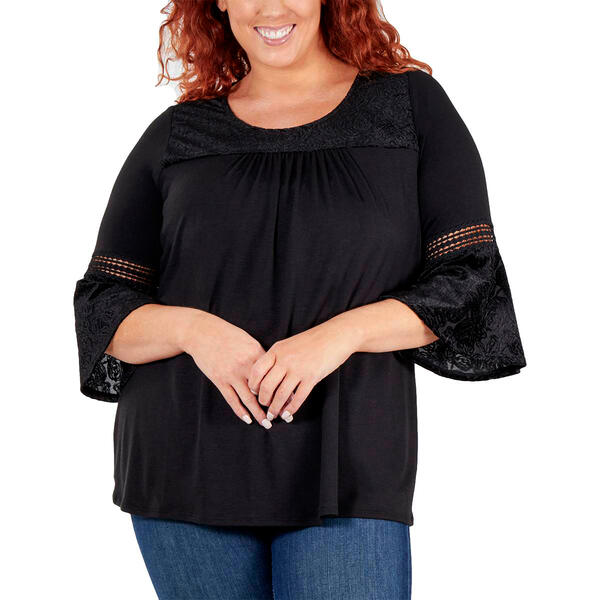 Plus Size NY Collection Floral Crochet Trim Top - image 