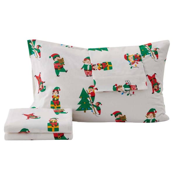 Freshfolds Cotton Christmas Elves Holiday 4pc. Flannel Sheet Set