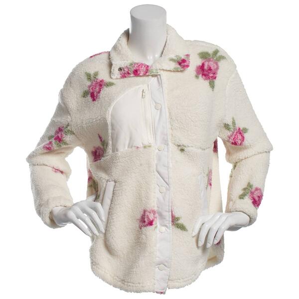 Juniors Pink Rose Floral Snap Button Teddy Shacket - image 