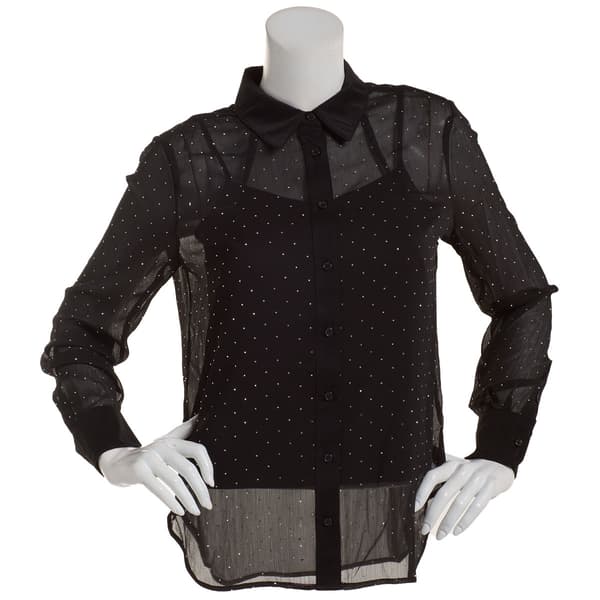 Womens Nicole Miller Long Sleeve Button Front Studded Blouse