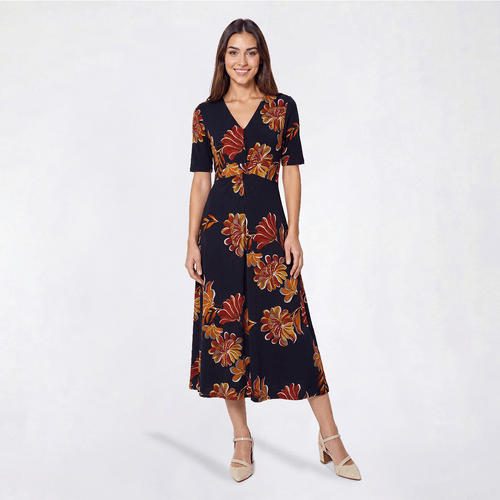 Womens MSK Elbow Sleeve V-Neck Floral Twist Front Midi Dress