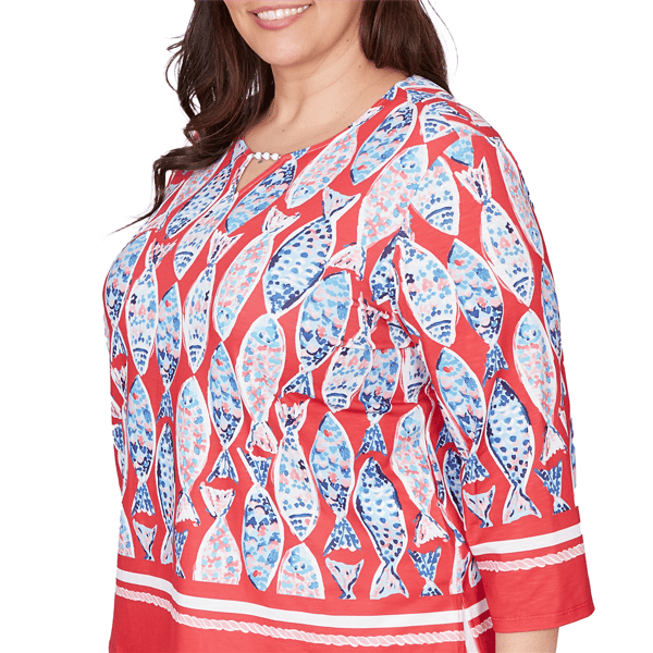 Plus Size Alfred Dunner Port Side 3/4 Sleeve Mosaic Fish Blouse