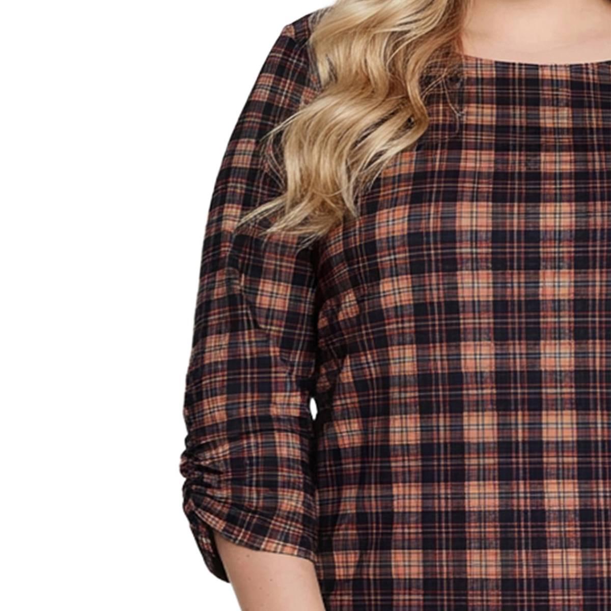 Plus Size NY Collection 3/4 Ruch Sleeve Plaid Blouse