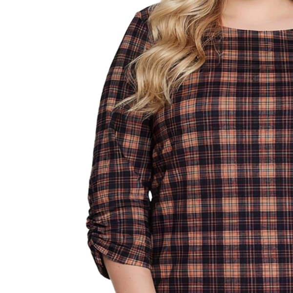 Plus Size NY Collection 3/4 Ruch Sleeve Plaid Blouse