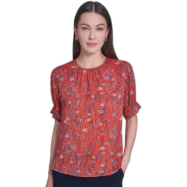 Womens Tommy Hilfiger Short Button Puff Sleeve Floral Blouse - image 