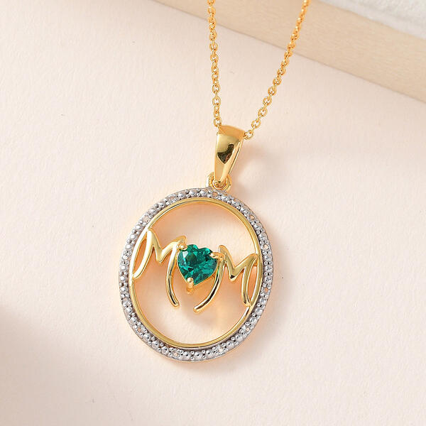 Lab Emerald with Lab White Sapphire Heart Mom Pendant