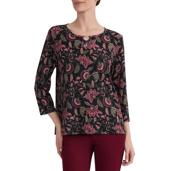 Petite Jones New York 3/4 Sleeve Bar Keyhole Floral Top