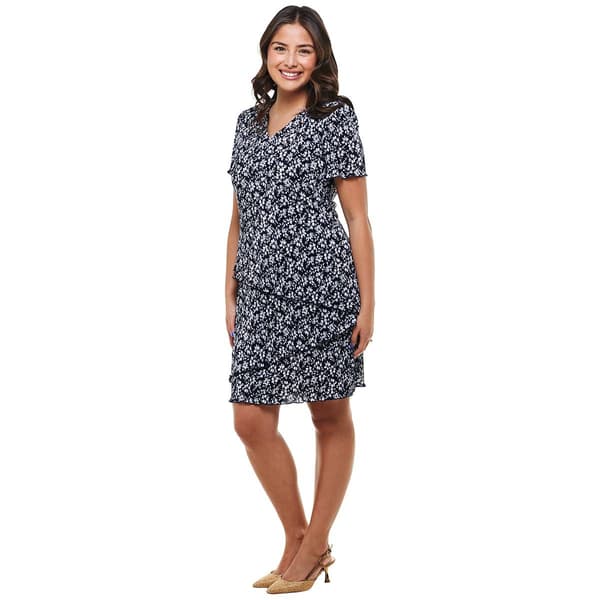 Petite Connected Apparel Short Sleeve Floral Bodre Shift Dress