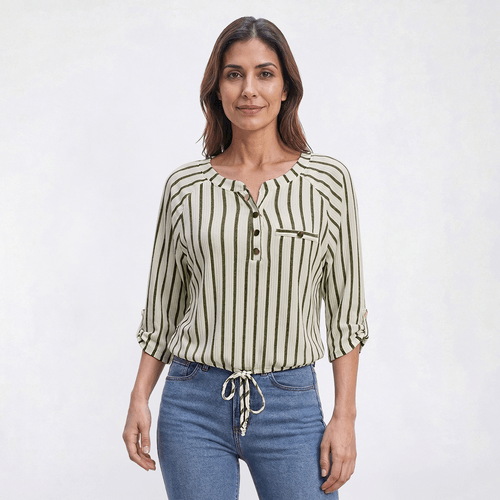 Womens Cure 3/4 Roll Tab Stripe Split Neck Henley Blouse - image 