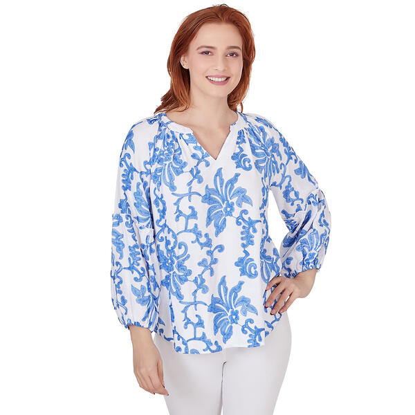 Womens Ruby Rd. Bali Blue 3/4 Sleeve Woven Luxe Voile Top - image 