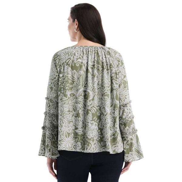 Plus Size Rafaella® Long Bell Sleeve Paisley Tie Neck Blouse