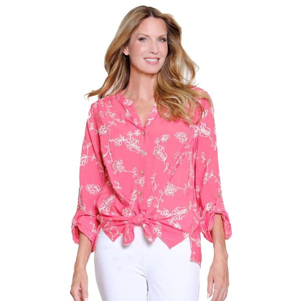 Womens Multiples Embroidered Crinkle Woven Shirt with Tie Waist - image 