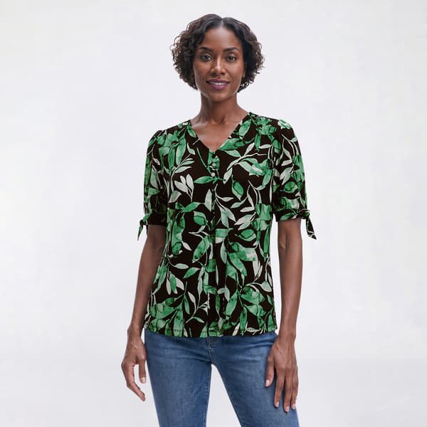 Womens AK Anne Klein Short Tie Sleeve V Neck Leaf Blouse - image 