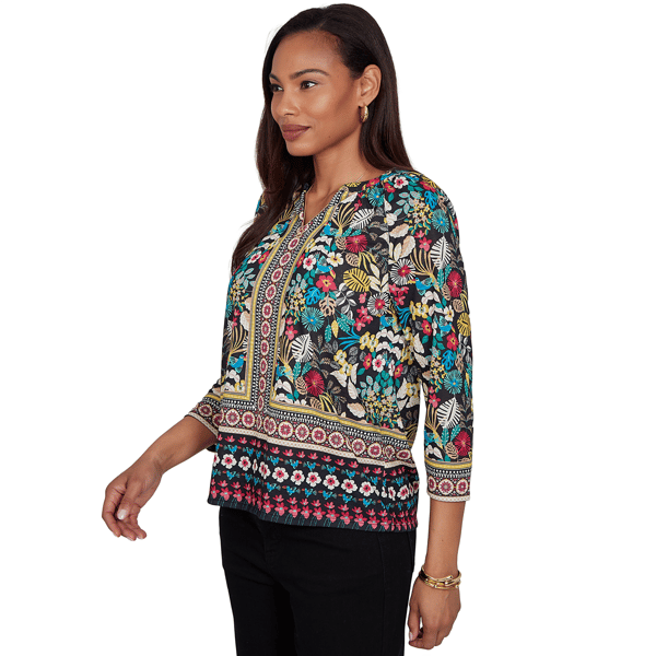 Womens Ruby Rd. Tropical Noir 3/4 Sleeve Paradise Tropic Blouse