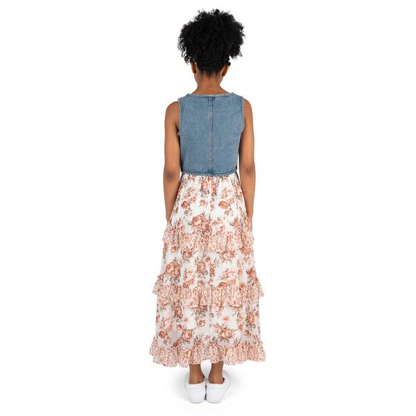 Girls (7-16) Rare Editions Floral Maxi Dress w/ Denim Vest