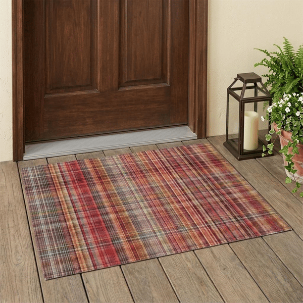 HomeRoots Red Orange & Brown Plaid Non Skid Area Rug