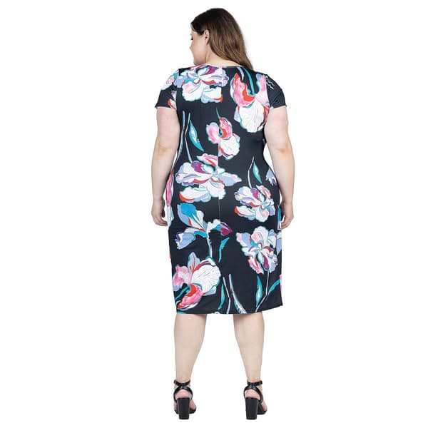 Plus Size 24/7 Comfort Apparel Floral Knee Length Faux Wrap Dress