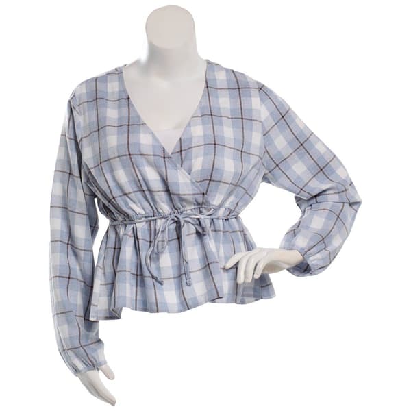 Juniors Plus No Comment Long Sleeve Plaid Surplice Babydoll Top - image 