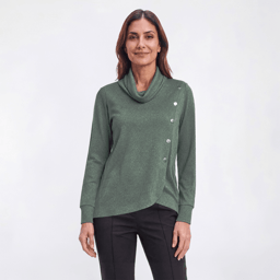 Womens Notations Long Sleeve Silver Button Hacci Blouse