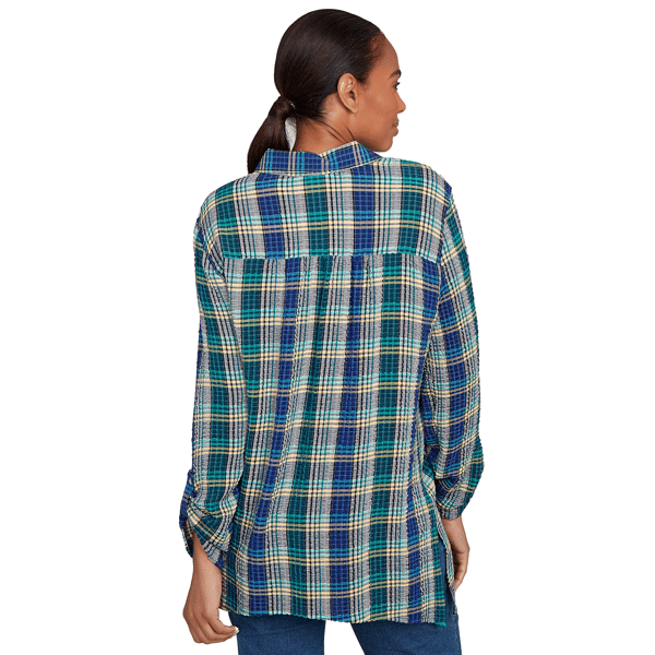 Petite Ruby Rd. Fall Flair Roll Tab Embroidery Plaid Blouse