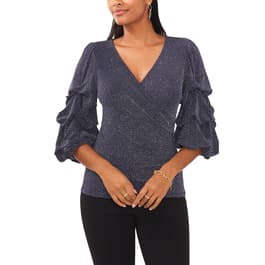 Womens MSK Glitter Knit Balloon Sleeve Surplice Blouse