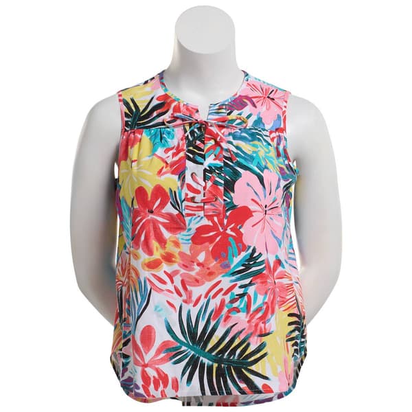Womens Zac & Rachel Sleeveless Hawaiian Floral Lace-Up Linen Top