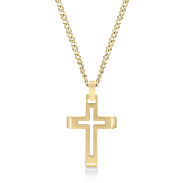 Mens Lynx Gold-Tone Ion Plated Carved Cross Pendant - image 