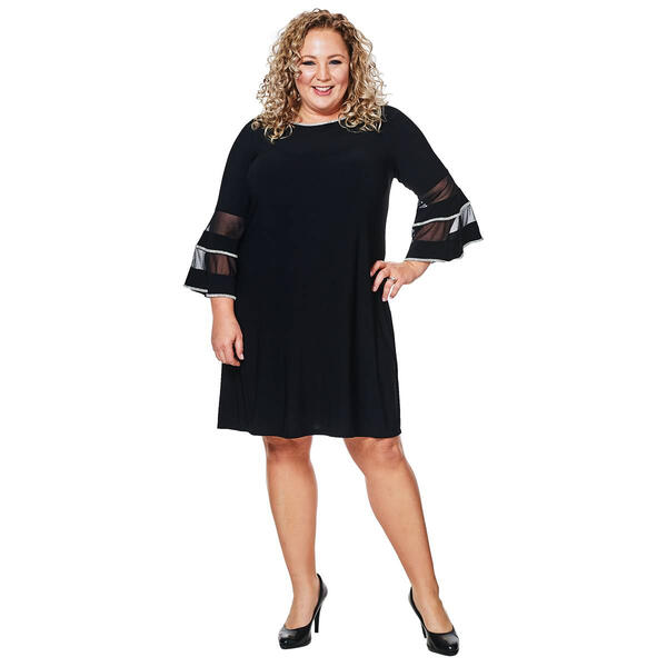 Plus Size MSK Illusion Bell Sleeve Rhinestone Trim Dress - image 