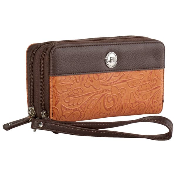 Womens Stone Mountain Tooled Leather Double Zip Around Wristlet