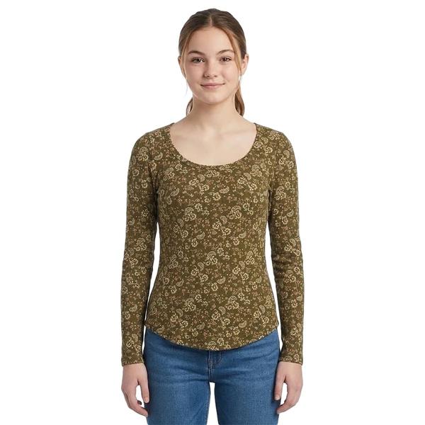 Juniors Wallflower Long Sleeve Paisley Rib Scoop Neck Tee- Leaf - image 