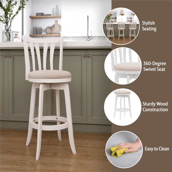 HH2 Home Savana White Wood Swivel Bar Height Stool