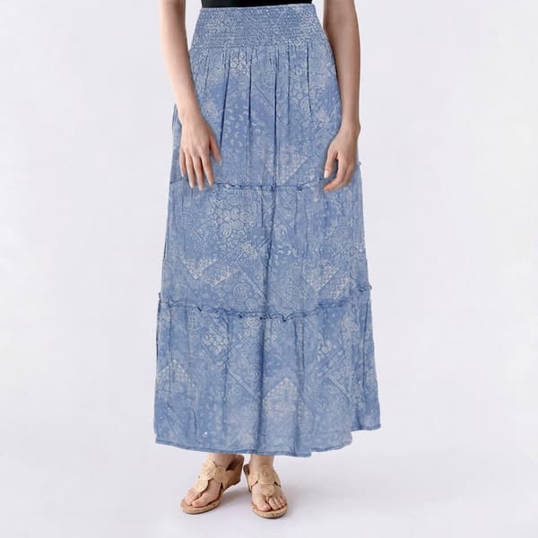 Juniors Pink Rose Gauze Print Tier Wide Smock Waist Skirt - image 