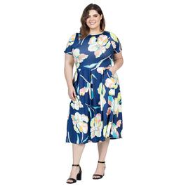 Plus Size 24/7 Comfort Apparel Blue Floral Fit & Flare Midi Dress