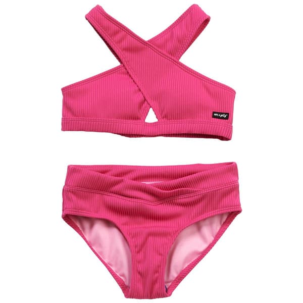 Girls (7-16) Ava & Yelly 2pc. Halter Solid Cutout Swim Set - image 