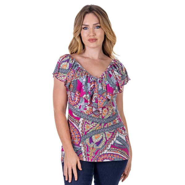 Womens 24/7 Comfort Apparel Paisley Ruffle V-Neck Blouse - image 