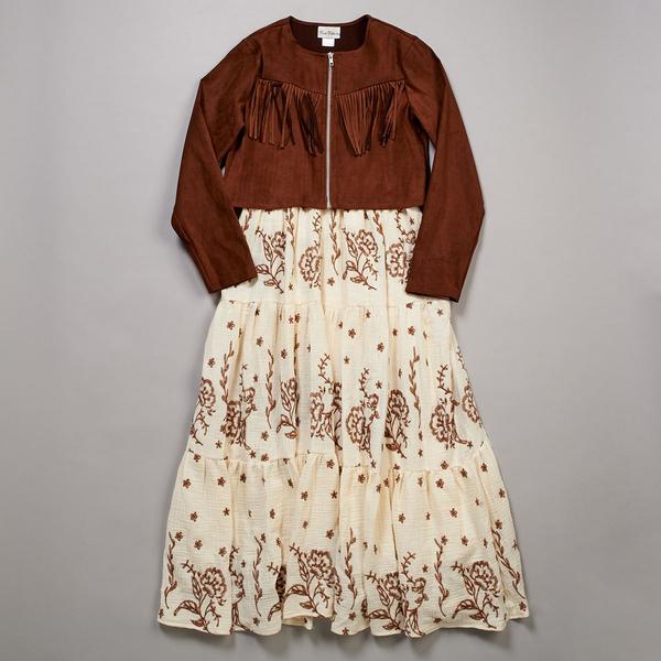 Girls (7-16) Rare Editions Fringe Jacket/Stitch Floral Maxi Dress