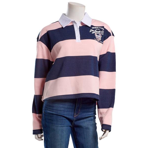 Juniors No Comment Rugby Stripe Fleece Collar Pullover- Pink - image 