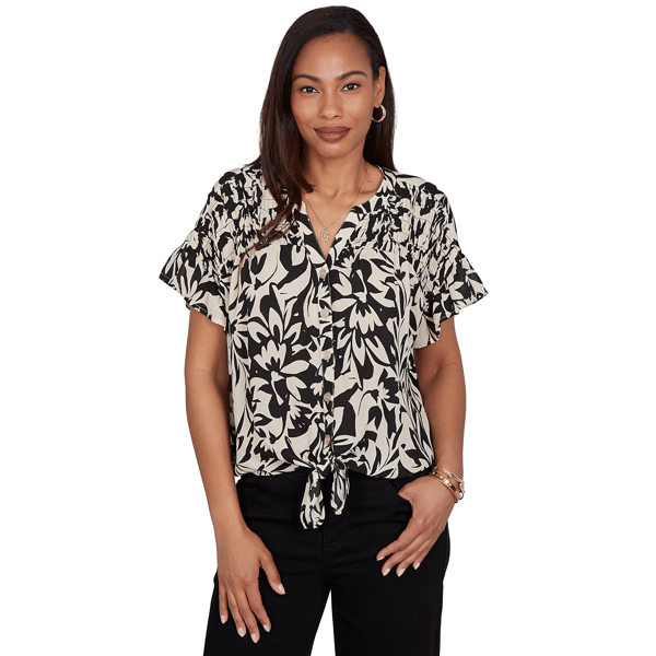 Womens Ruby Rd. Tropical Noir Short Sleeve Floral Tie Hem Blouse - image 