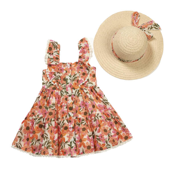 Toddler Girl BTween&#40;R&#41; Floral Swiss Dot Tiered Dress w/ Hat - image 