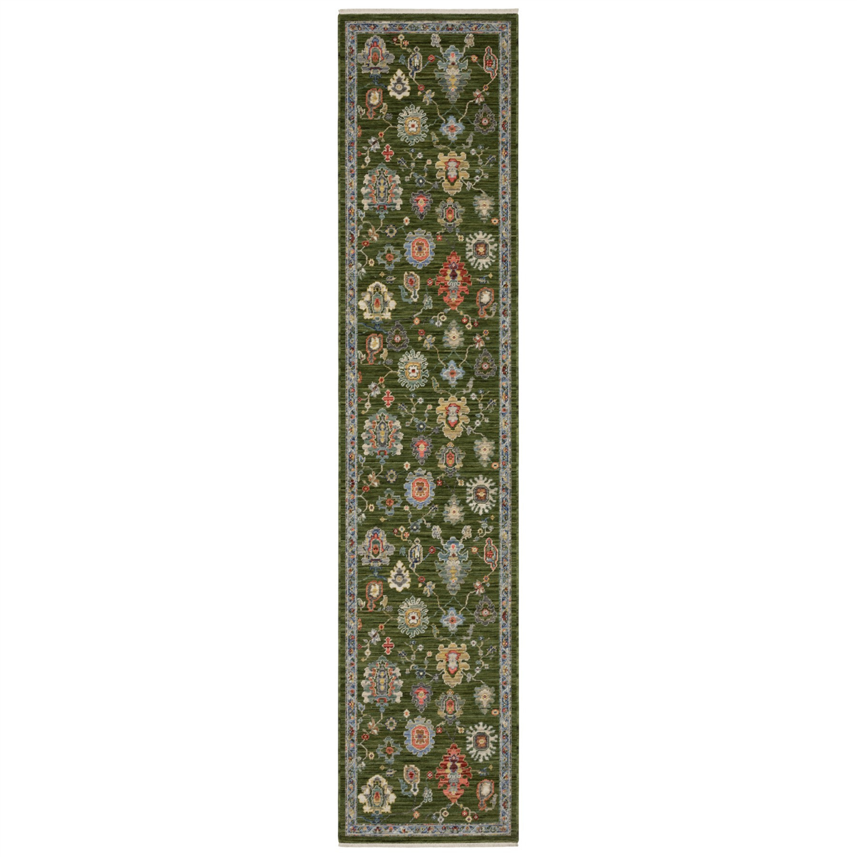 HomeRoots Green Yellow & Ivory Oriental Runner Rug With Fringe