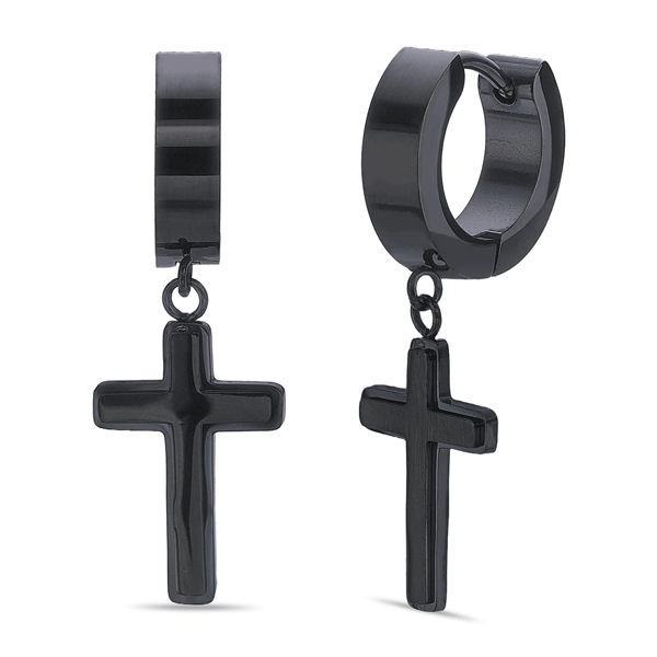 Mens Lynx Black Ion Plated Stainless Steel Cross Hoop Earrings - image 