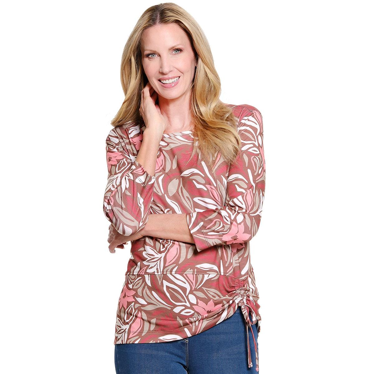 Womens Multiples 3/4 Sleeve Floral Side Drawstring Blouse