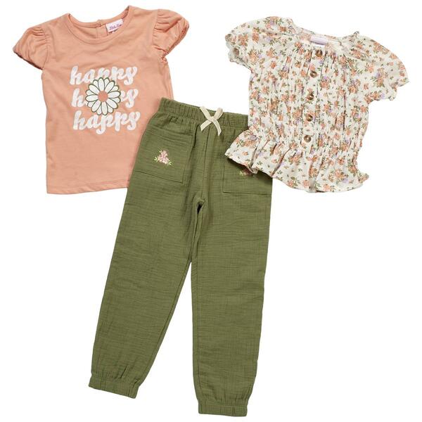 Girls &#40;4-6x&#41; Little Lass&#40;R&#41; 3pc. Happy Tee Cargo Pant & Smocked Top - image 