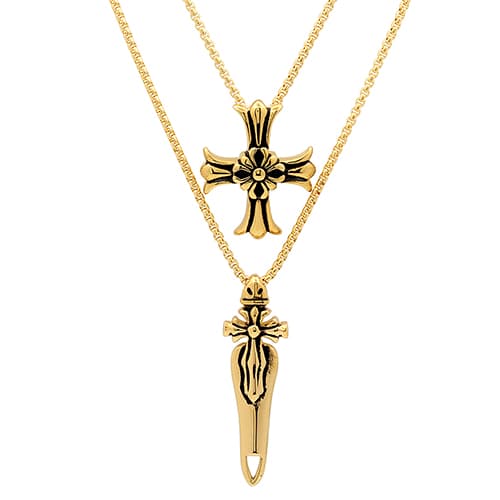 Mens Gold Plated Layered Cross & Dagger Necklace - image 