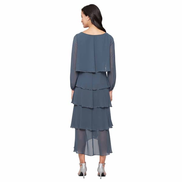 Womens SLNY Long Sleeve Tier Beaded Trim Midi Dress