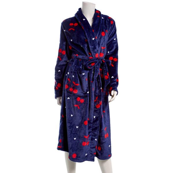Womens Charmour Long Sleeve Cherries Printed Plush 48 Wrap Robe - image 