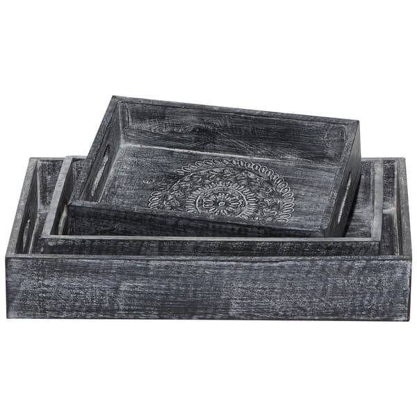 9th & Pike&#174; Black Carved Wooden Trays - Set Of 3