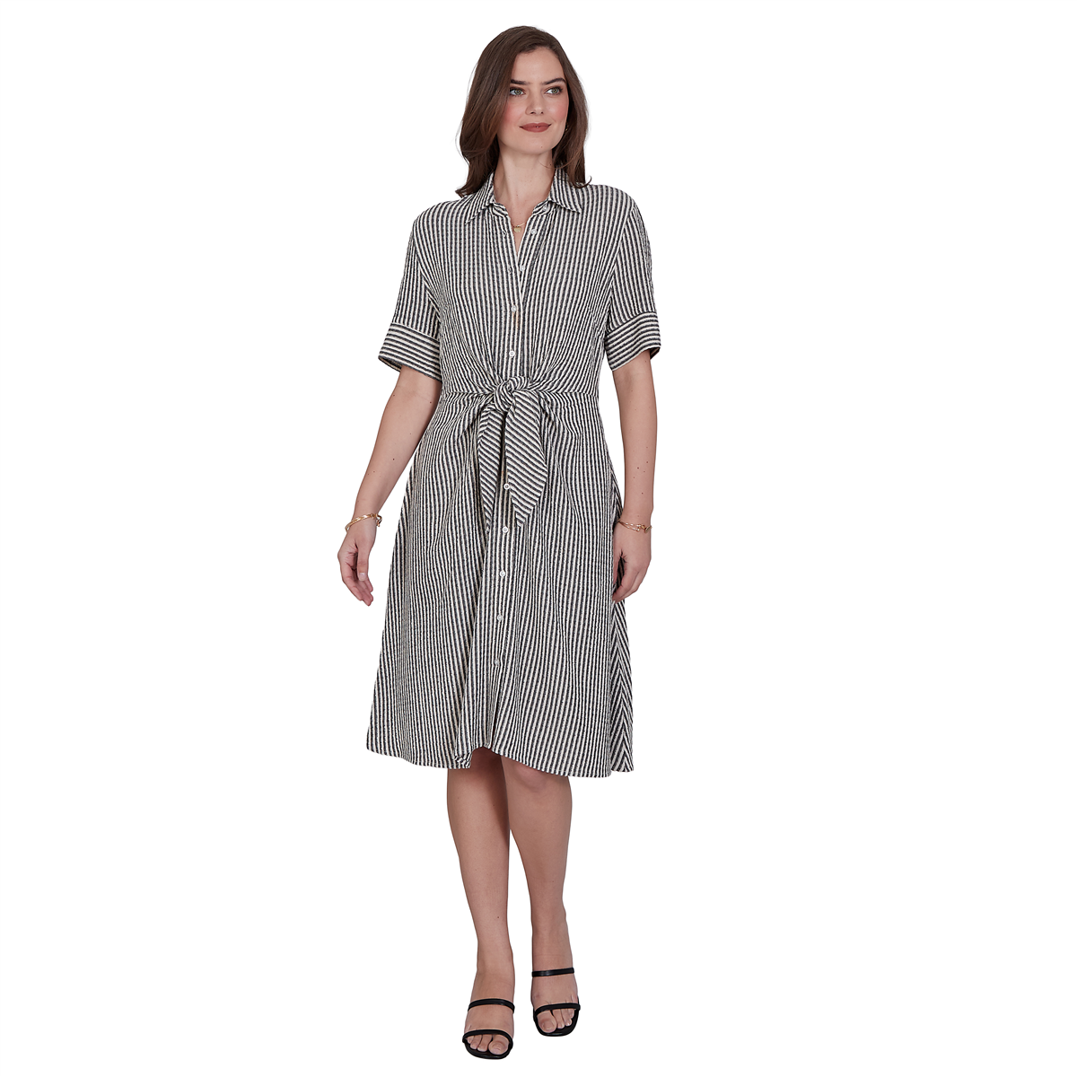 Petite Ruby Rd. Tropical Noir Stripe Knot Front Shirtdress